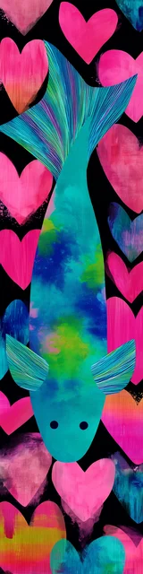 Free printable fish bookmark featuring blue fish swimming down with pink hearts